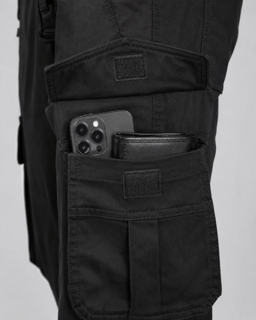 black cargo pants pocket detail showing storage capacity