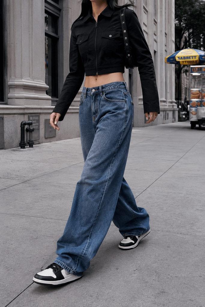 baggy jeans styled with cropped jacket